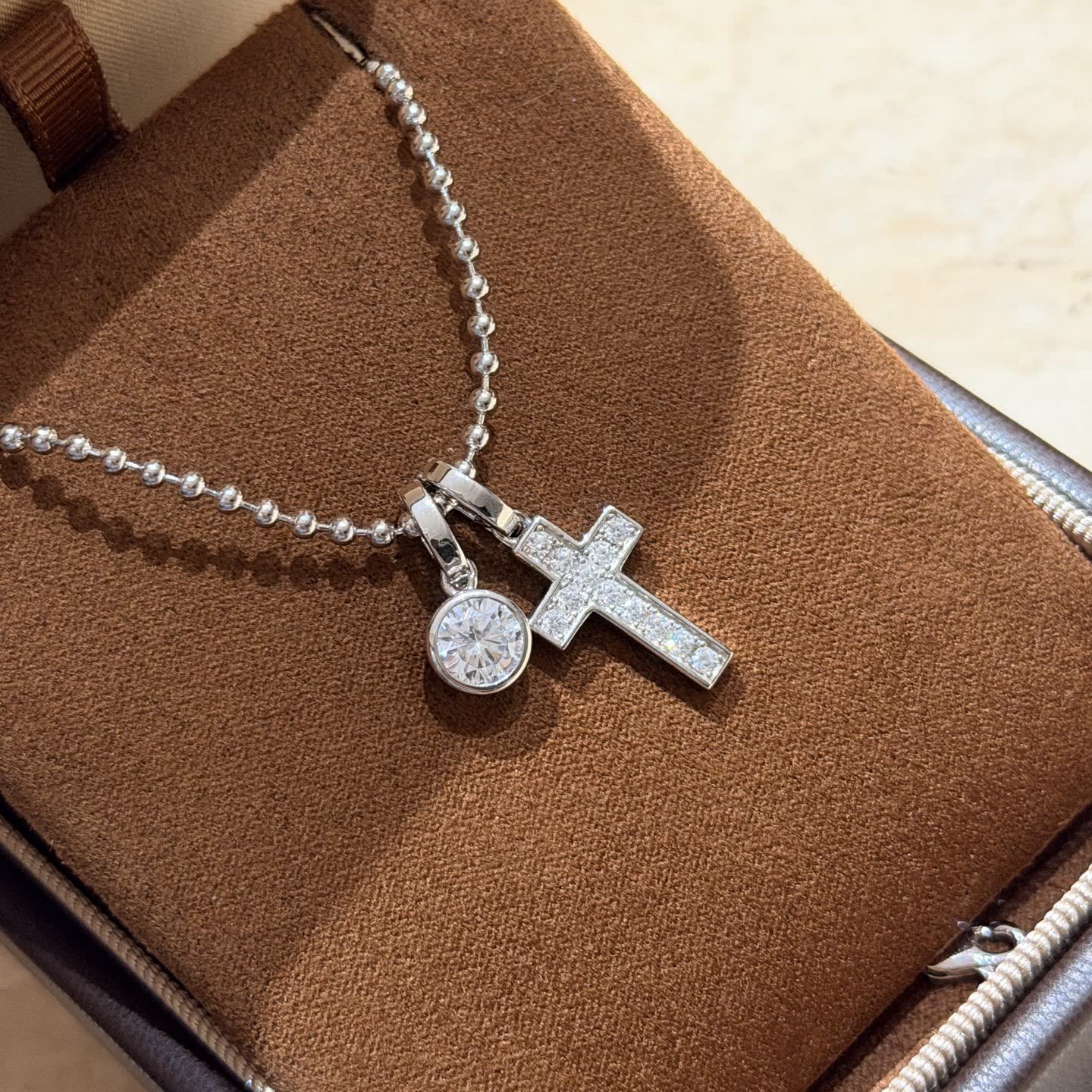 Chrome Hearts Silver Cross and Round Diamond Pendant Necklace